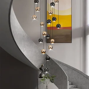 Lámpara Colgante en Cascada de Esferas de Cristal Bicolor para Doble Altura
