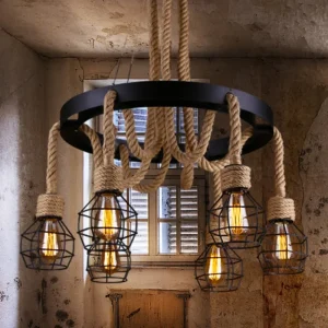 Lámpara colgante industrial de cuerda y metal con 6 luces