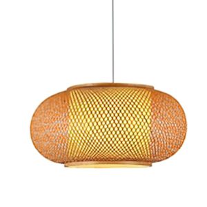 Lámpara de bambú tejido con diseño ovalado y detalles de madera