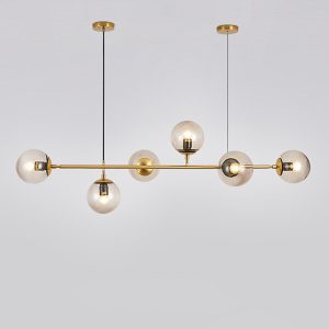 Lámpara Colgante Lineal 6 Luces Esferas Ahumadas y Oro Moderno